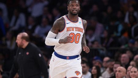 Nov 30, 2023; New York, New York, USA; New York Knicks forward Julius Randle (30) runs up court after a basket against the Detroit Pistons during the second half at Madison Square Garden.
