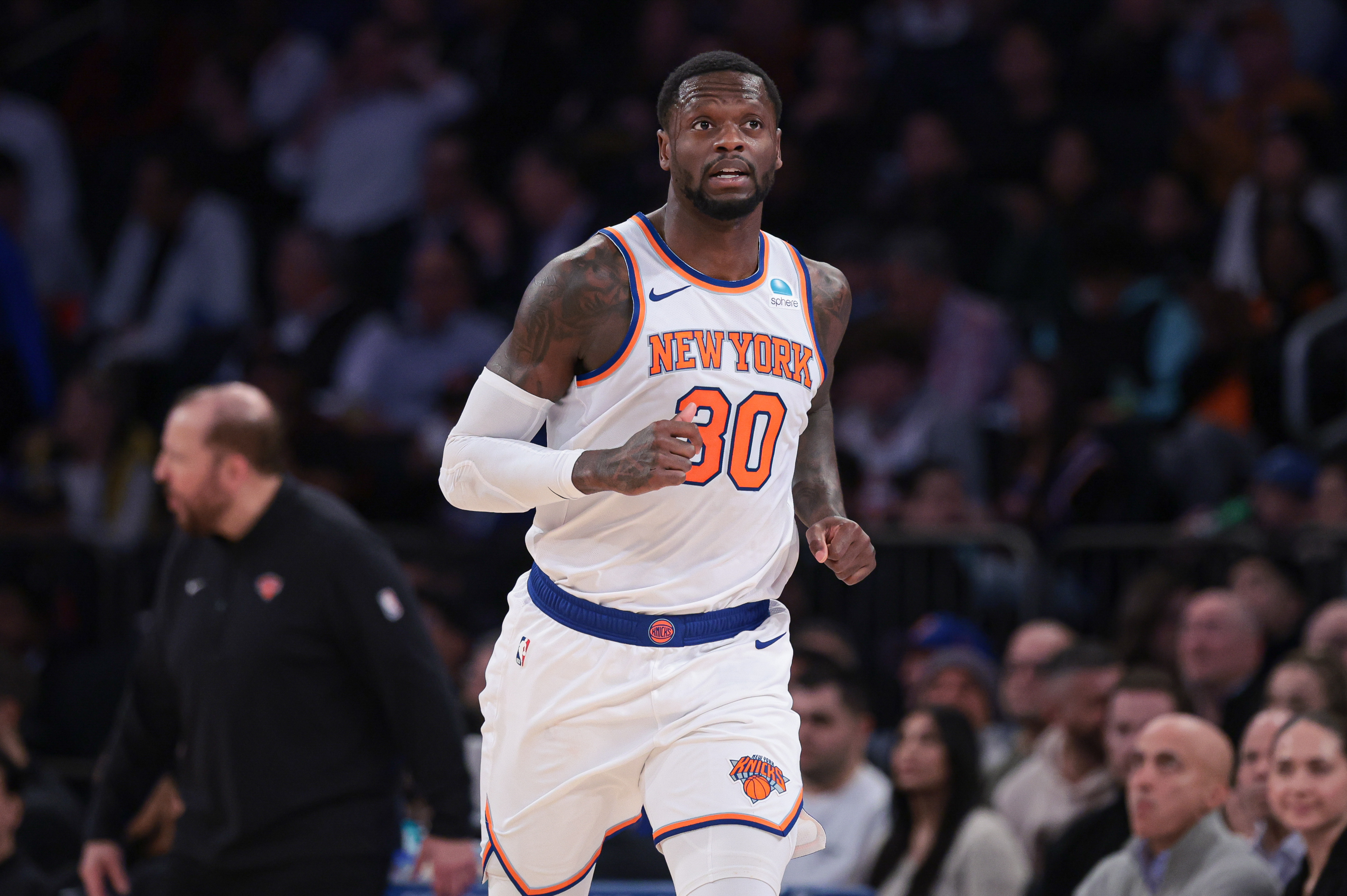 Nov 30, 2023; New York, New York, USA; New York Knicks forward Julius Randle (30) runs up court after a basket against the Detroit Pistons during the second half at Madison Square Garden.