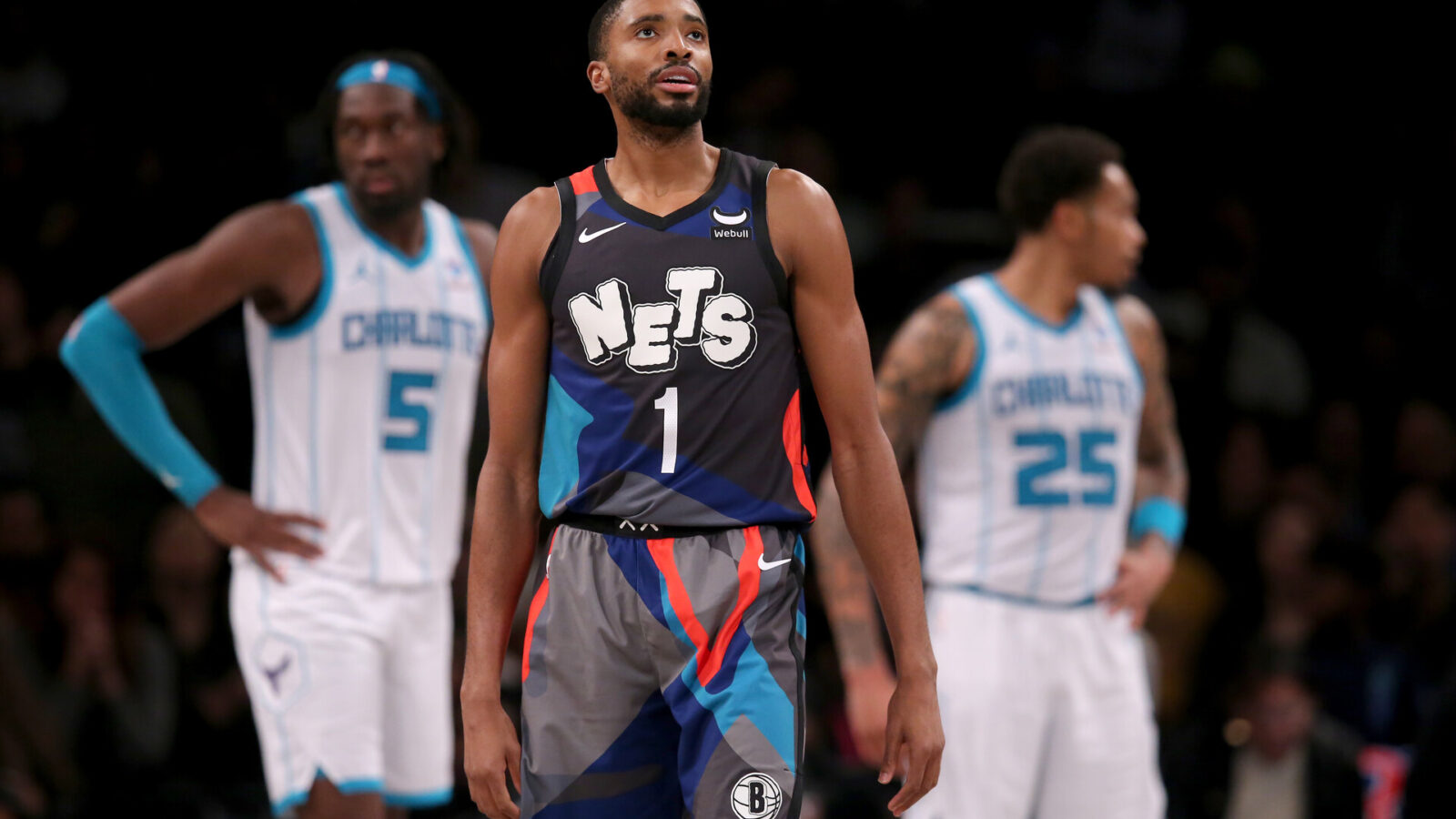 Nov 30, 2023; Brooklyn, New York, USA; Brooklyn Nets forward Mikal Bridges (1) reacts during the fourth quarter against the Charlotte Hornets at Barclays Center.