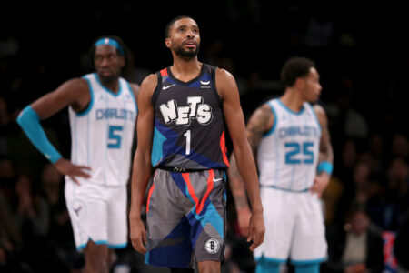 Nov 30, 2023; Brooklyn, New York, USA; Brooklyn Nets forward Mikal Bridges (1) reacts during the fourth quarter against the Charlotte Hornets at Barclays Center.