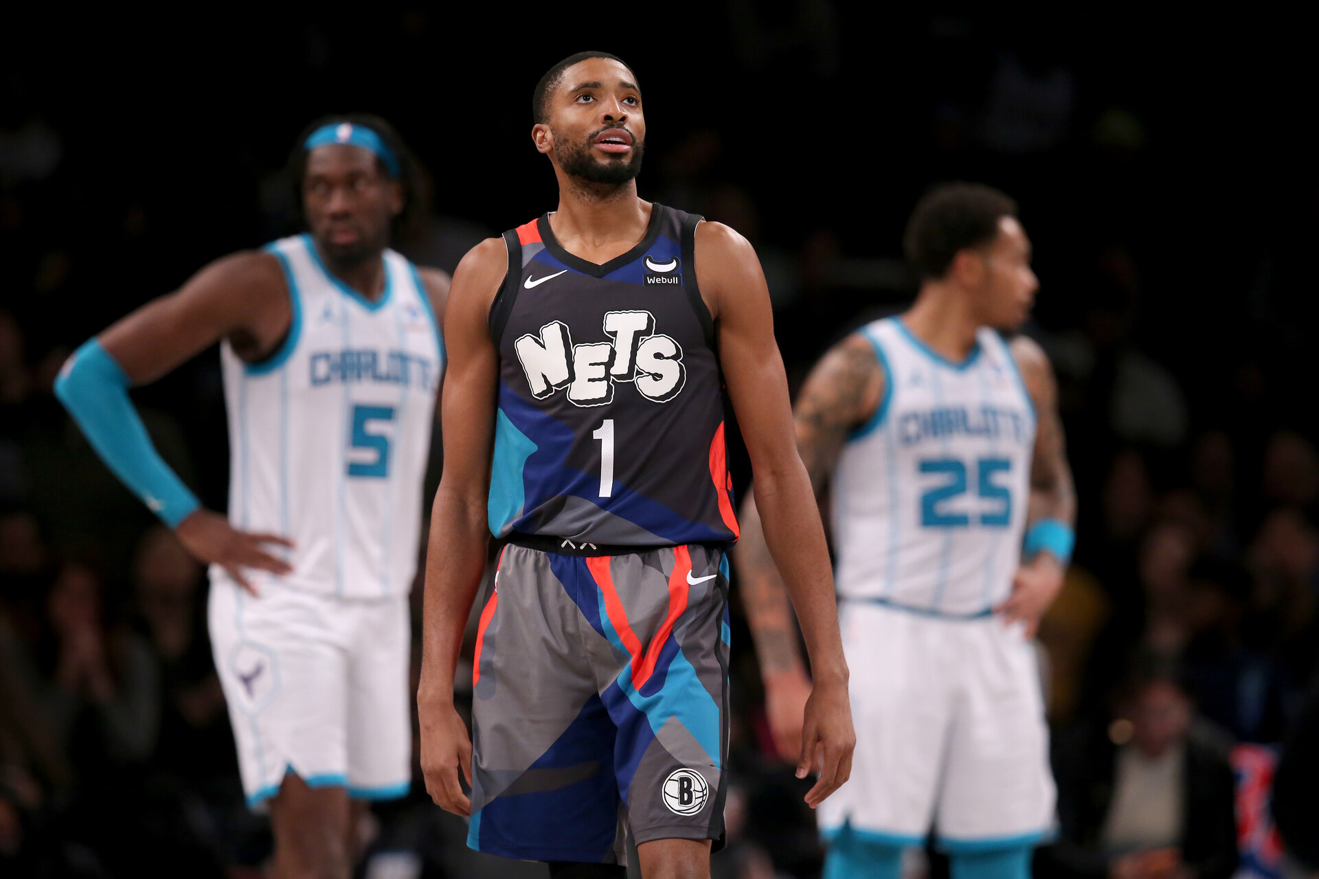 Nov 30, 2023; Brooklyn, New York, USA; Brooklyn Nets forward Mikal Bridges (1) reacts during the fourth quarter against the Charlotte Hornets at Barclays Center.