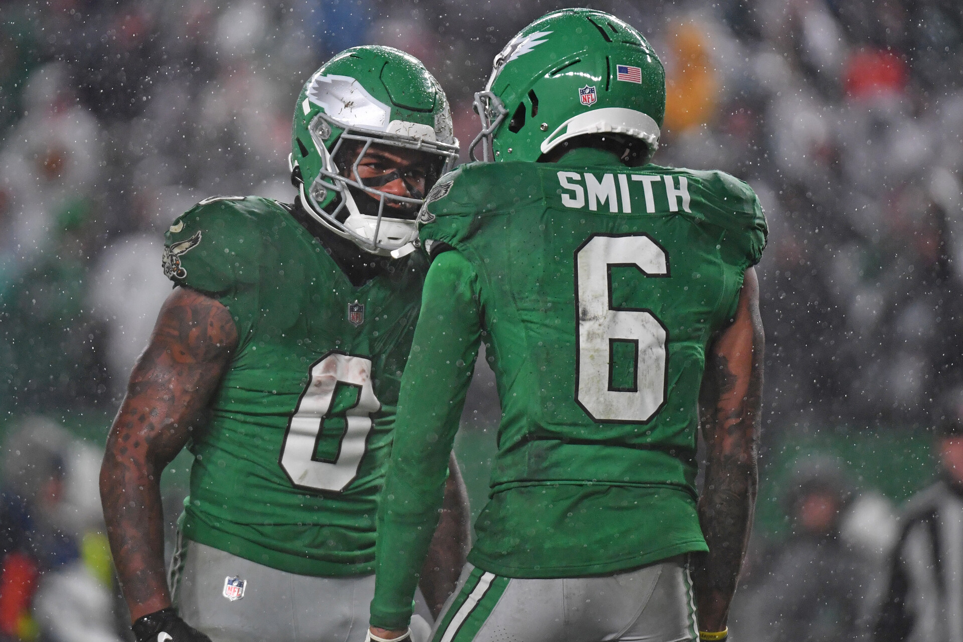 Philadelphia Eagles wide receiver DeVonta Smith (6) celebrates his touchdown catch with running back D'Andre Swift (0) against the Buffalo Bills at Lincoln Financial Field.