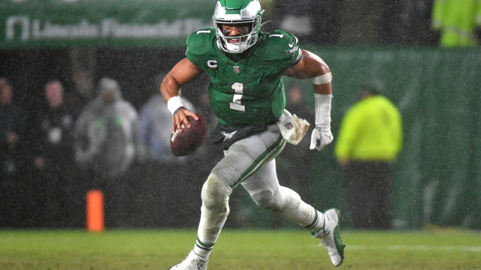 Nov 26, 2023; Philadelphia, Pennsylvania, USA; Philadelphia Eagles quarterback Jalen Hurts (1) against the Buffalo Bills at Lincoln Financial Field.