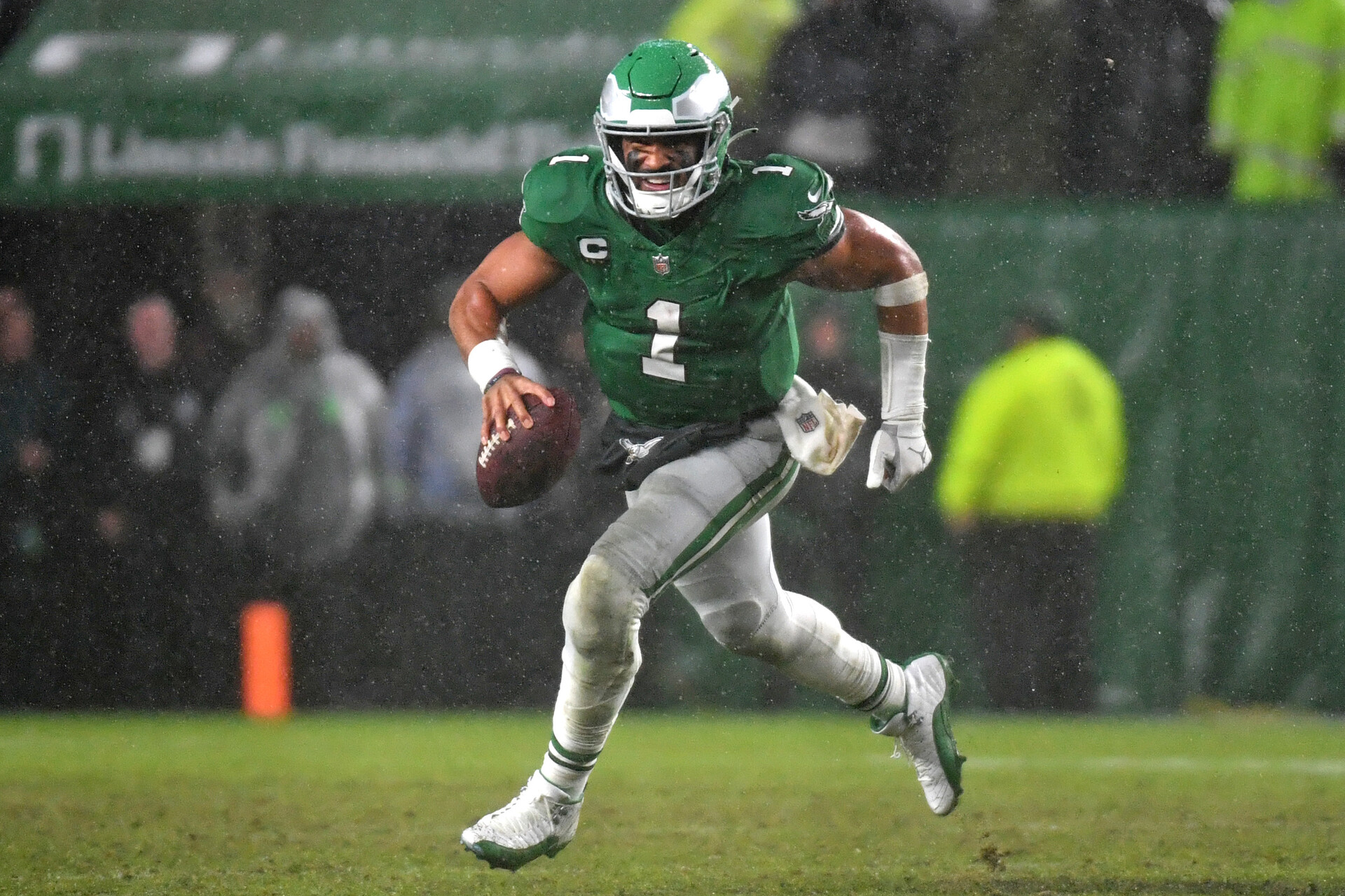 Nov 26, 2023; Philadelphia, Pennsylvania, USA; Philadelphia Eagles quarterback Jalen Hurts (1) against the Buffalo Bills at Lincoln Financial Field.
