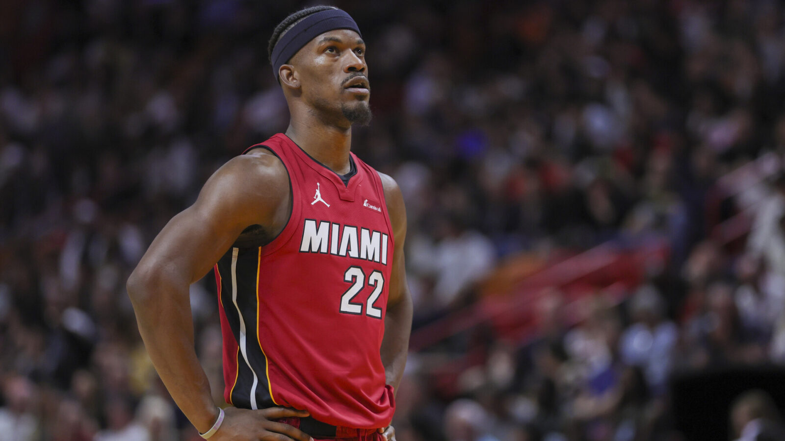 Nov 30, 2023; Miami, Florida, USA; Miami Heat forward Jimmy Butler (22) looks on against the Indiana Pacers during the third quarter at Kaseya Center.