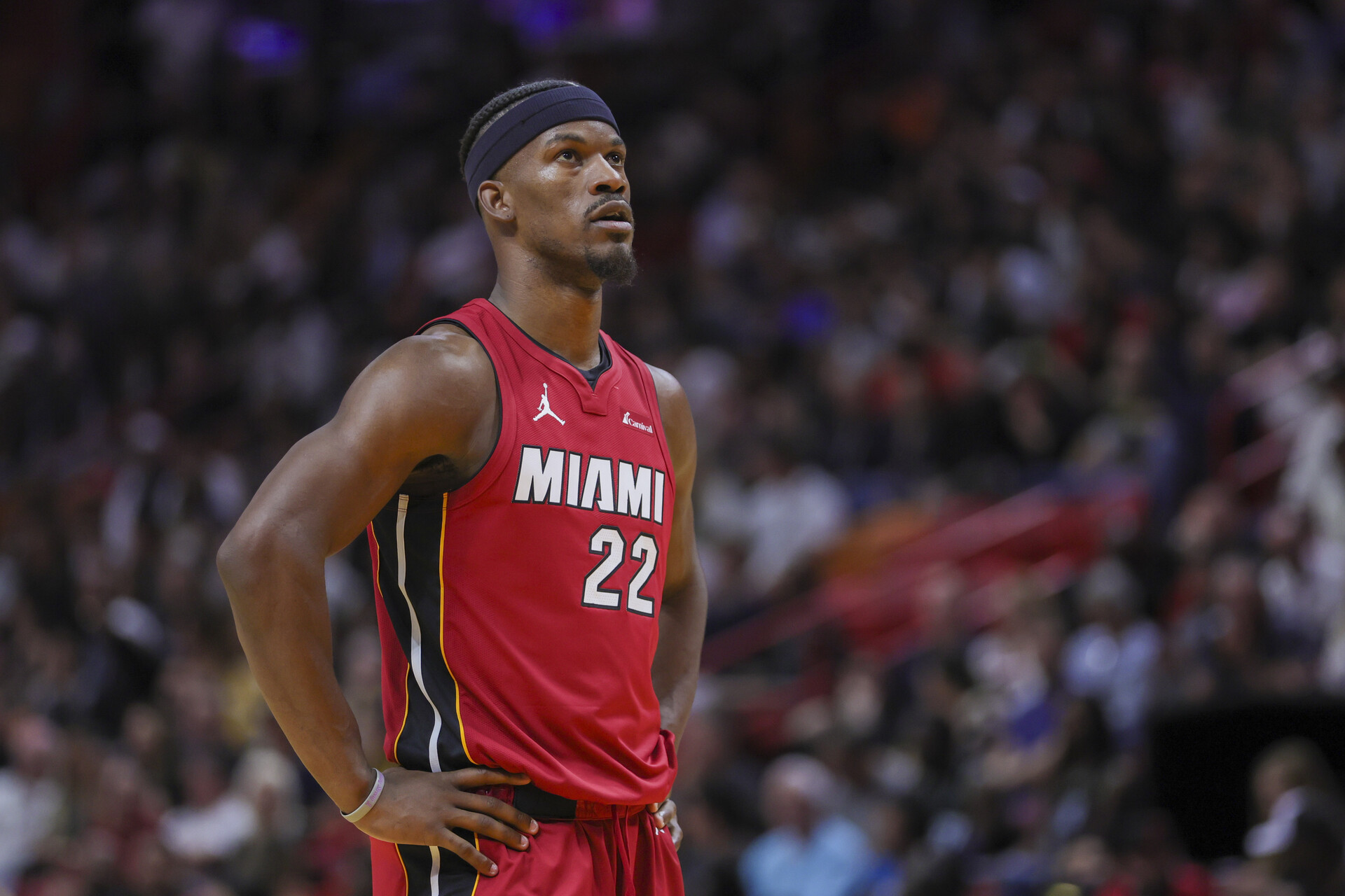 Nov 30, 2023; Miami, Florida, USA; Miami Heat forward Jimmy Butler (22) looks on against the Indiana Pacers during the third quarter at Kaseya Center.