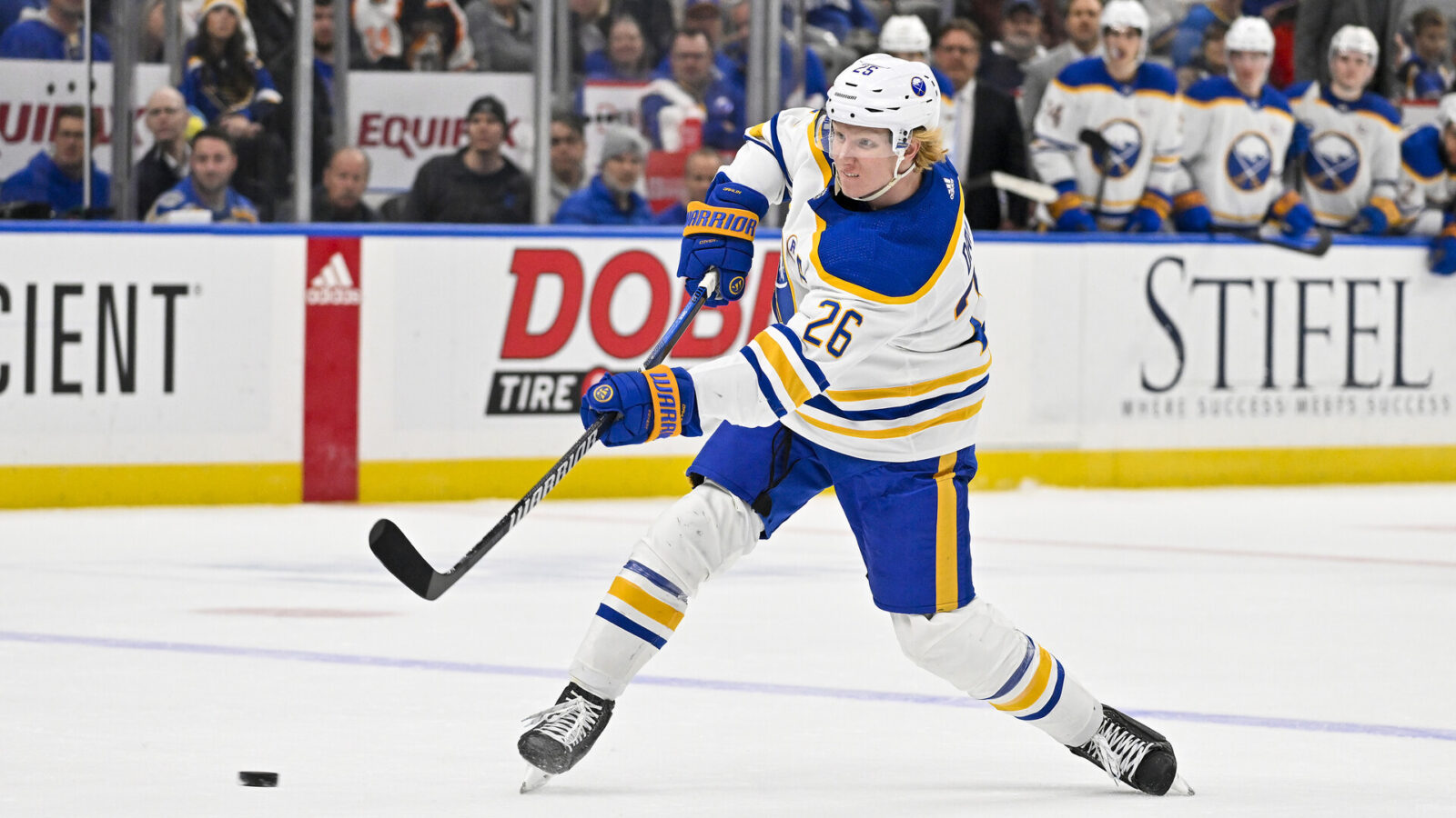 Nov 30, 2023; St. Louis, Missouri, USA; Buffalo Sabres defenseman Rasmus Dahlin (26) shoots against the St. Louis Blues during the third period at Enterprise Center.