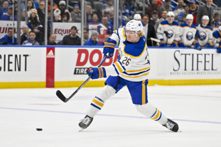 Nov 30, 2023; St. Louis, Missouri, USA; Buffalo Sabres defenseman Rasmus Dahlin (26) shoots against the St. Louis Blues during the third period at Enterprise Center.