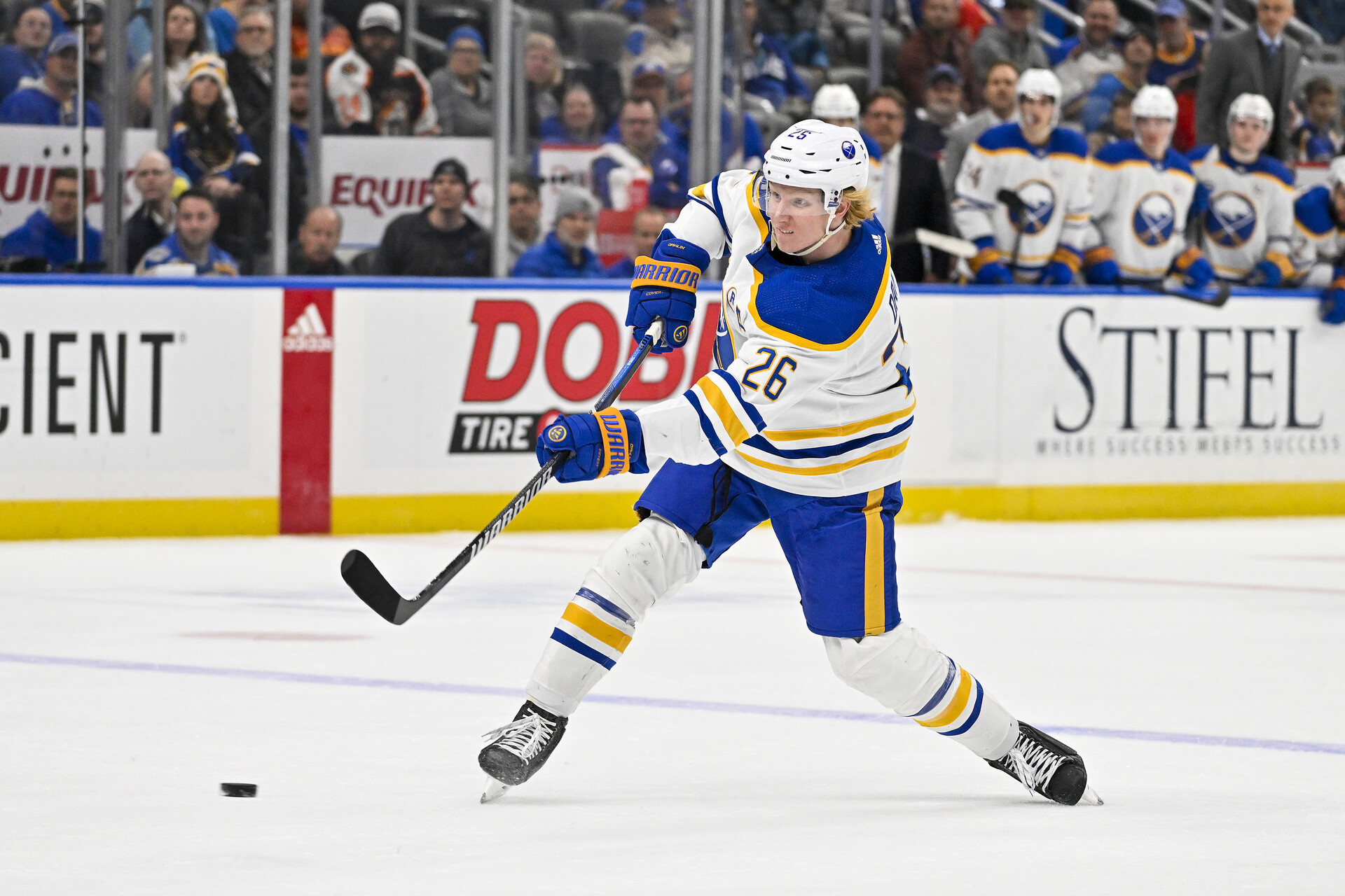 Nov 30, 2023; St. Louis, Missouri, USA; Buffalo Sabres defenseman Rasmus Dahlin (26) shoots against the St. Louis Blues during the third period at Enterprise Center.