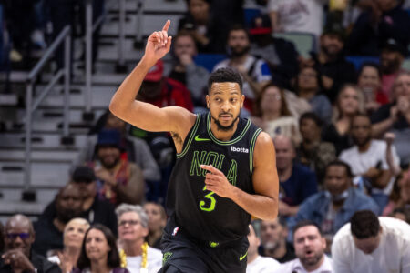 Dec 1, 2023; New Orleans, Louisiana, USA; New Orleans Pelicans guard CJ McCollum (3) reacts to making a three point basket against the San Antonio Spurs during the second half at the Smoothie King Center.