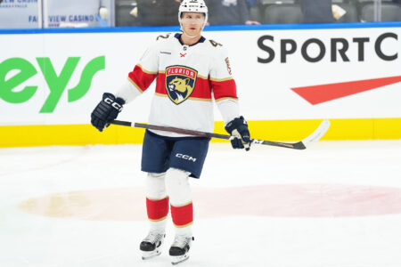 Nov 28, 2023; Toronto, Ontario, CAN; Florida Panthers defenseman Gustav Forsling (42) skates during the warmup against the Toronto Maple Leafs at Scotiabank Arena.