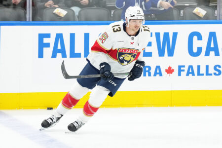 Nov 28, 2023; Toronto, Ontario, CAN; Florida Panthers center Sam Reinhart (13) skates during the warmup against the Toronto Maple Leafs at Scotiabank Arena.