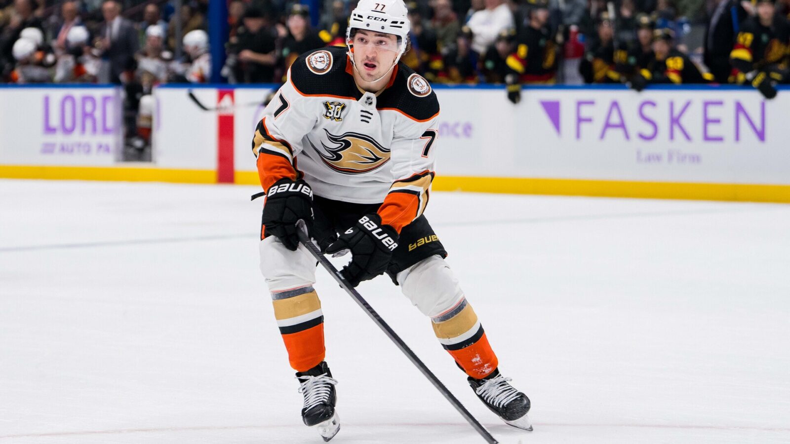 Nov 28, 2023; Vancouver, British Columbia, CAN; Anaheim Ducks forward Frank Vatrano (77) skates against the Vancouver Canucks in the first period at Rogers Arena. Vancouver won 3-1.