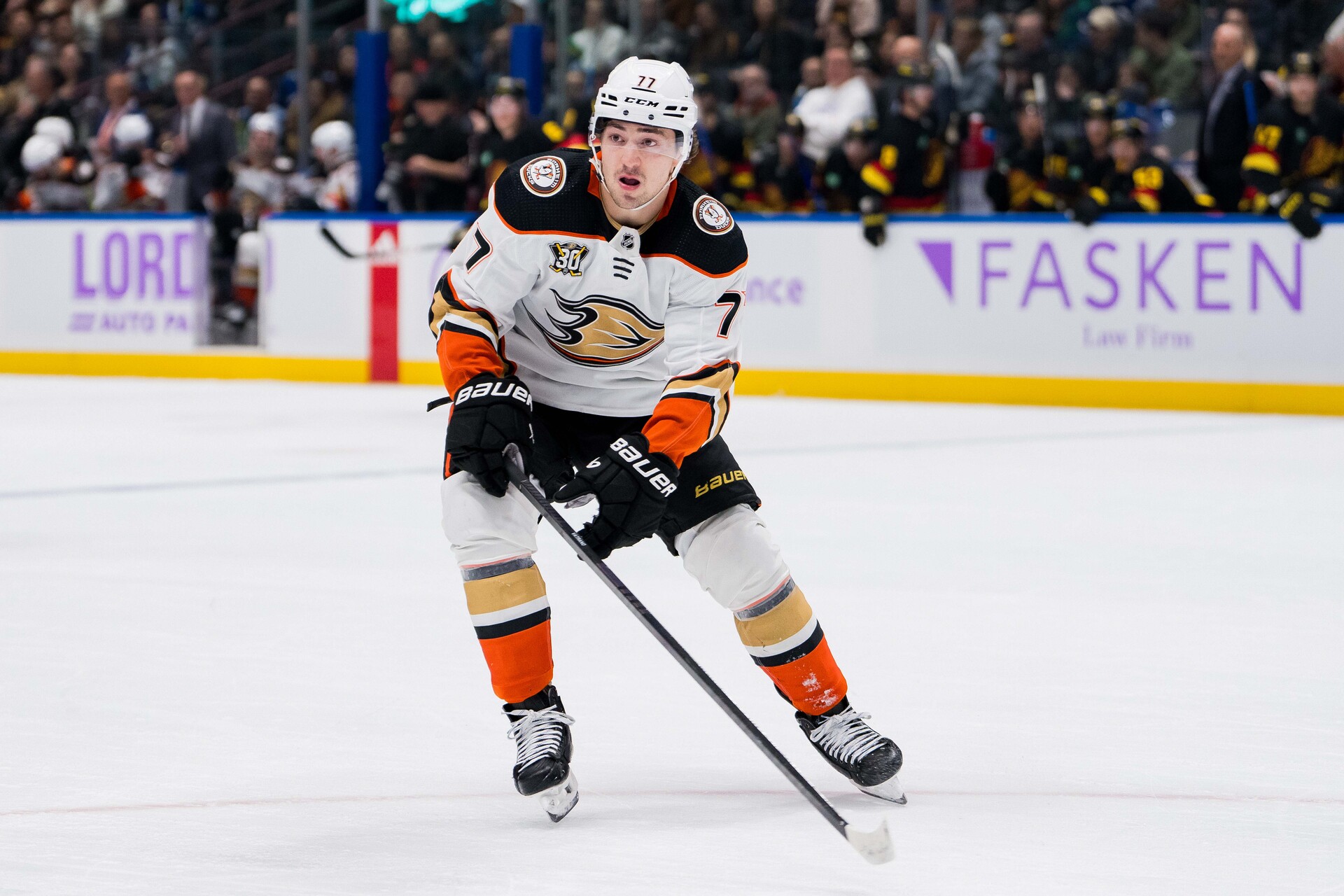 Nov 28, 2023; Vancouver, British Columbia, CAN; Anaheim Ducks forward Frank Vatrano (77) skates against the Vancouver Canucks in the first period at Rogers Arena. Vancouver won 3-1.