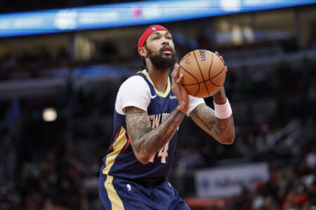 Dec 2, 2023; Chicago, Illinois, USA; New Orleans Pelicans forward Brandon Ingram (14) shoots a free throw against the Chicago Bulls during the first half at United Center.