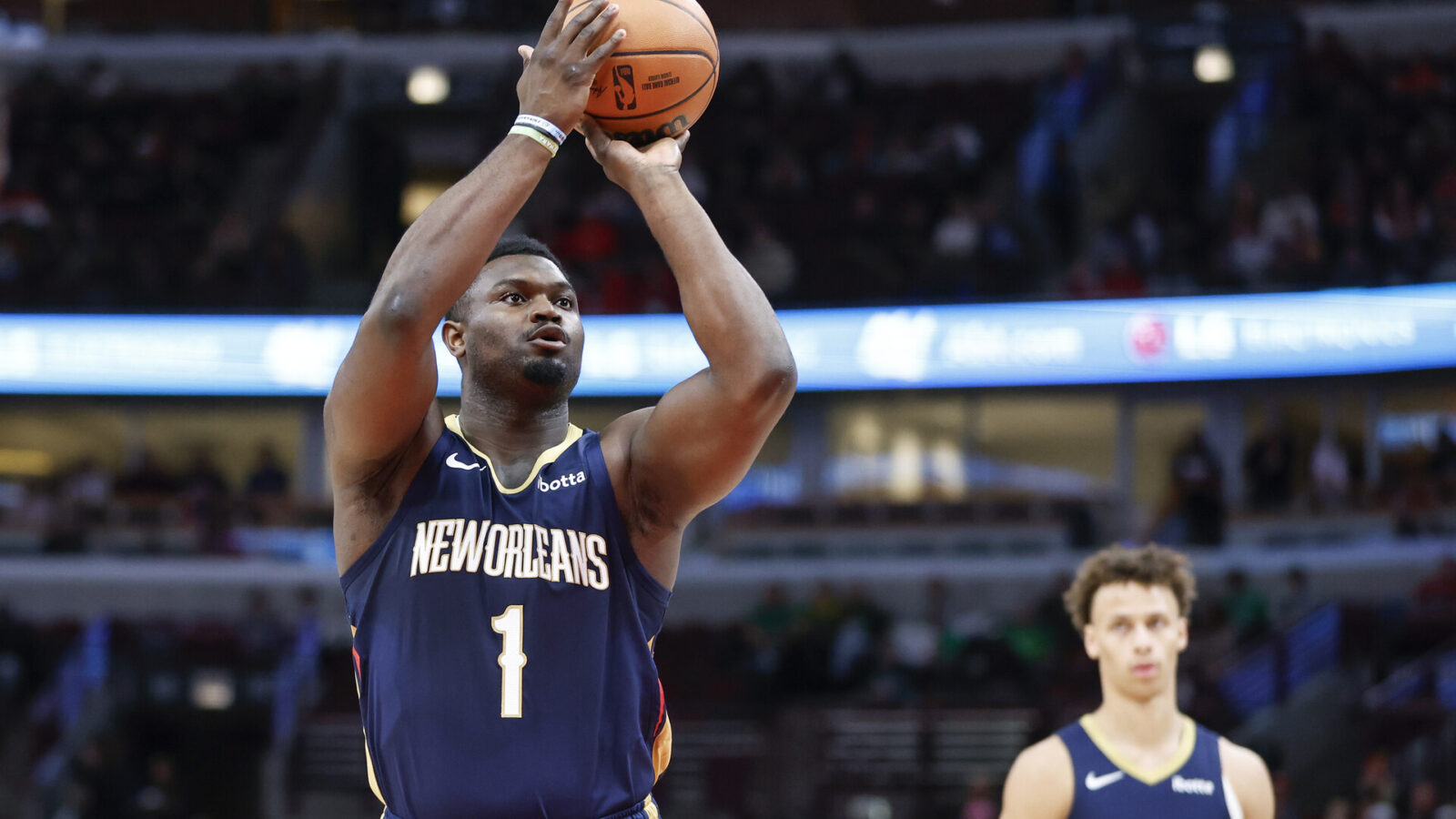 Dec 2, 2023; Chicago, Illinois, USA; New Orleans Pelicans forward Zion Williamson (1) shoots a free throw against the Chicago Bulls during the first half at United Center.