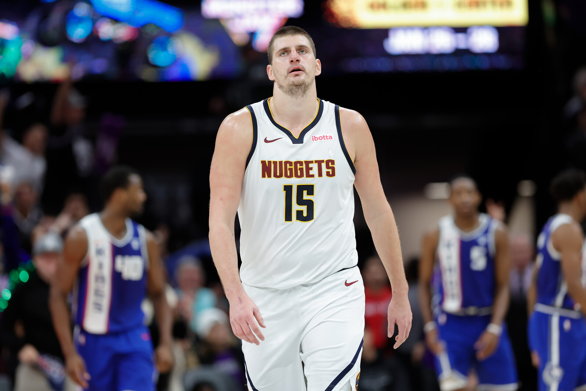 Dec 2, 2023; Sacramento, California, USA; Denver Nuggets center Nikola Jokic (15) walks up the court during the fourth quarter against the Sacramento Kings at Golden 1 Center.