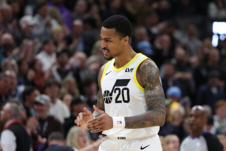 Dec 2, 2023; Salt Lake City, Utah, USA; Utah Jazz forward John Collins (20) reacts to a play against the Portland Trail Blazers with 3 seconds to play in overtime at Delta Center.