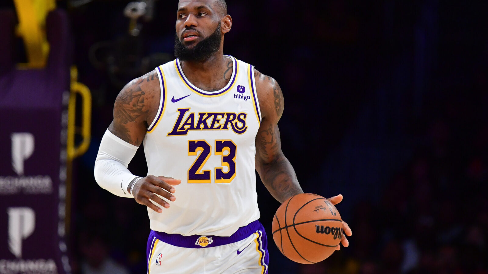 Dec 2, 2023; Los Angeles, California, USA; Los Angeles Lakers forward LeBron James (23) moves the ball up court against the Houston Rockets during the first half at Crypto.com Arena.