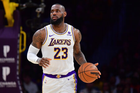 Dec 2, 2023; Los Angeles, California, USA; Los Angeles Lakers forward LeBron James (23) moves the ball up court against the Houston Rockets during the first half at Crypto.com Arena.