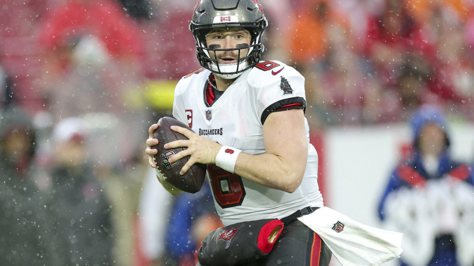 Dec 3, 2023; Tampa, Florida, USA; Tampa Bay Buccaneers quarterback Baker Mayfield (6) drops back to pass against the Carolina Panthers in the second quarter at Raymond James Stadium.