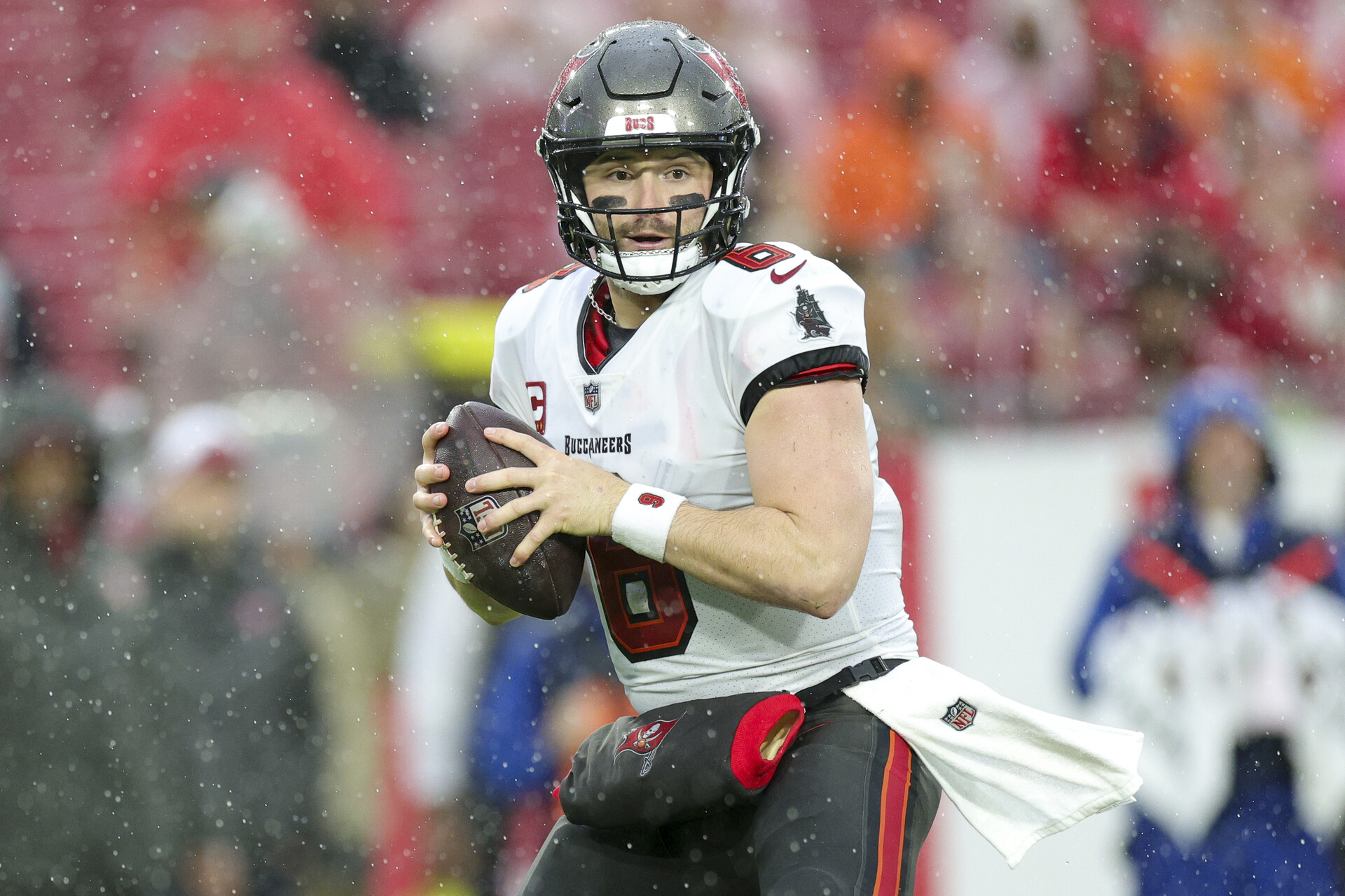 Dec 3, 2023; Tampa, Florida, USA; Tampa Bay Buccaneers quarterback Baker Mayfield (6) drops back to pass against the Carolina Panthers in the second quarter at Raymond James Stadium.