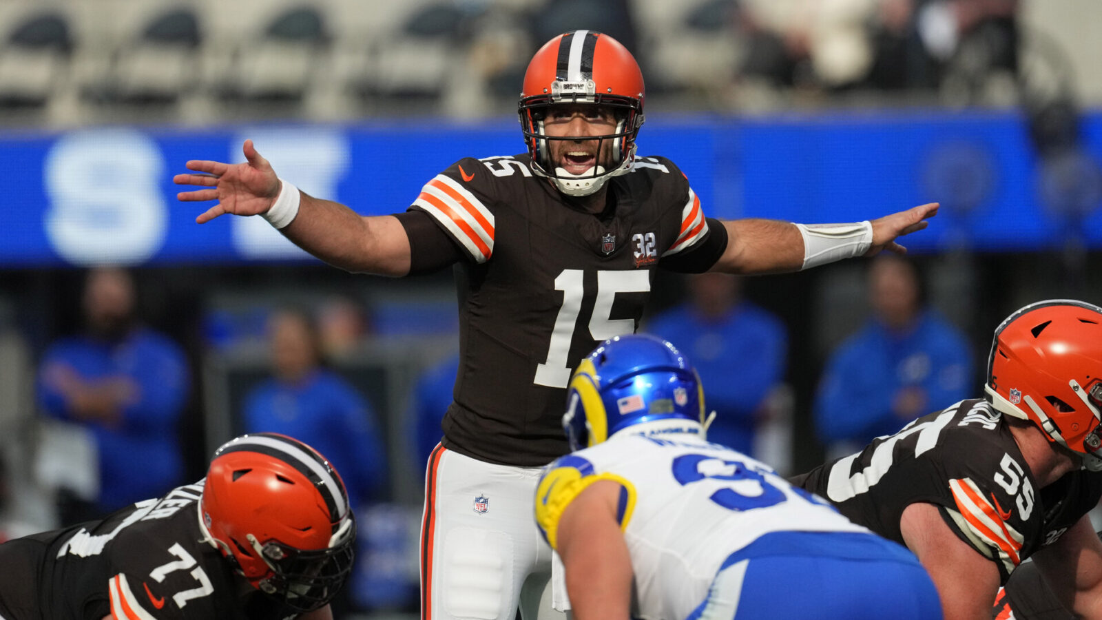 Dec 3, 2023; Inglewood, California, USA; Cleveland Browns quarterback Joe Flacco (15) gestures against the Los Angeles Rams in the first half at SoFi Stadium.