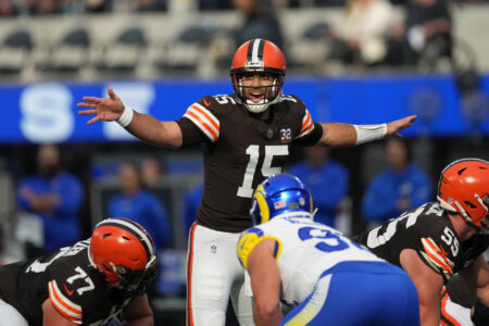 Dec 3, 2023; Inglewood, California, USA; Cleveland Browns quarterback Joe Flacco (15) gestures against the Los Angeles Rams in the first half at SoFi Stadium.