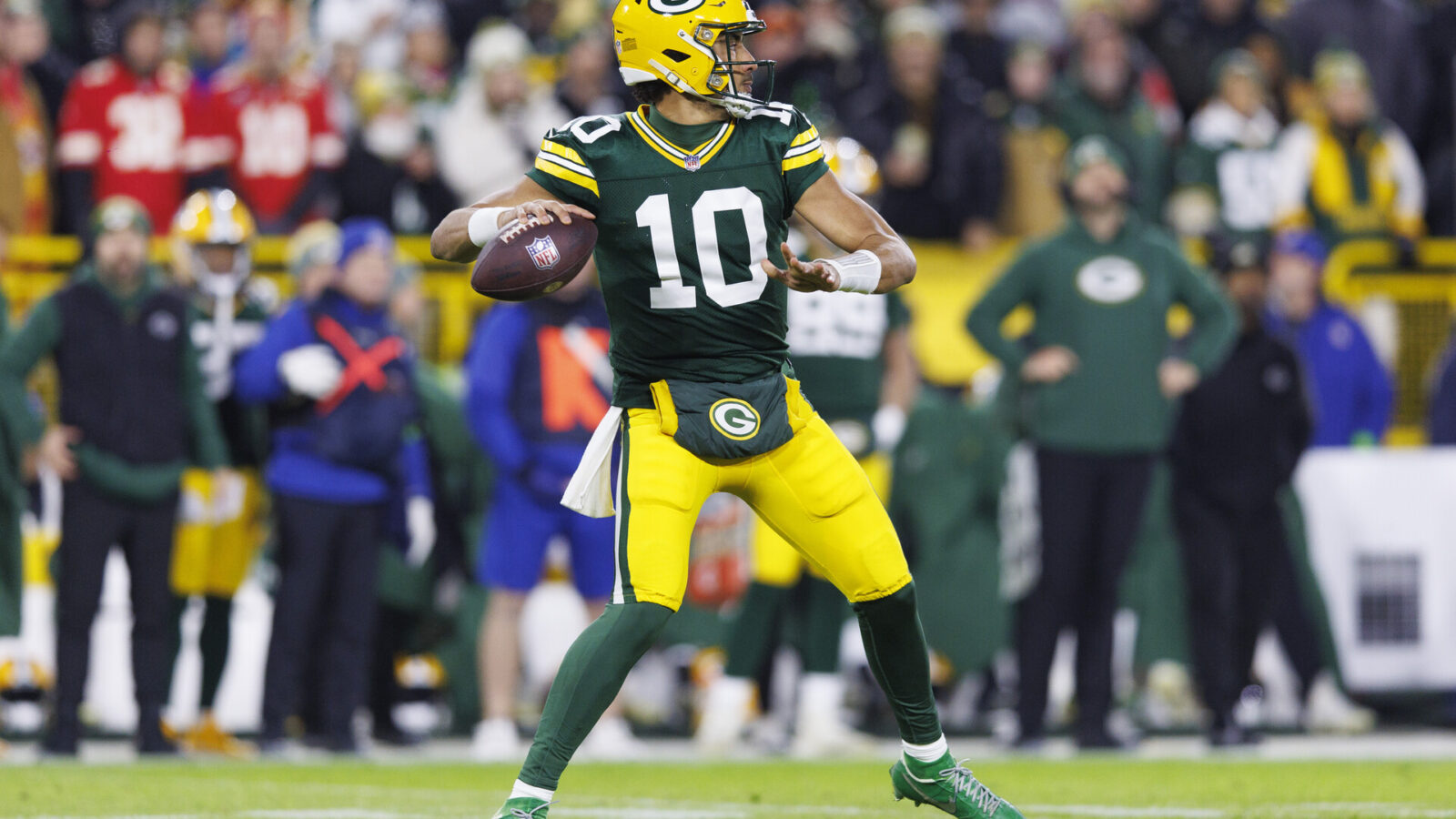 Dec 3, 2023; Green Bay, Wisconsin, USA; Green Bay Packers quarterback Jordan Love (10) throws a pass during the first quarter against the Kansas City Chiefs at Lambeau Field.