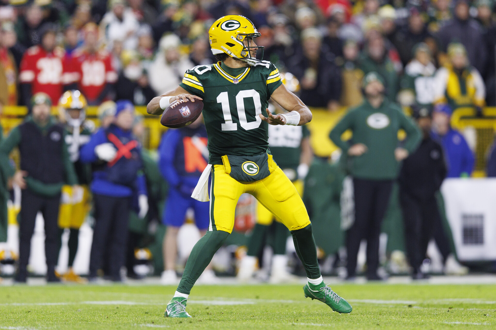 Dec 3, 2023; Green Bay, Wisconsin, USA; Green Bay Packers quarterback Jordan Love (10) throws a pass during the first quarter against the Kansas City Chiefs at Lambeau Field.