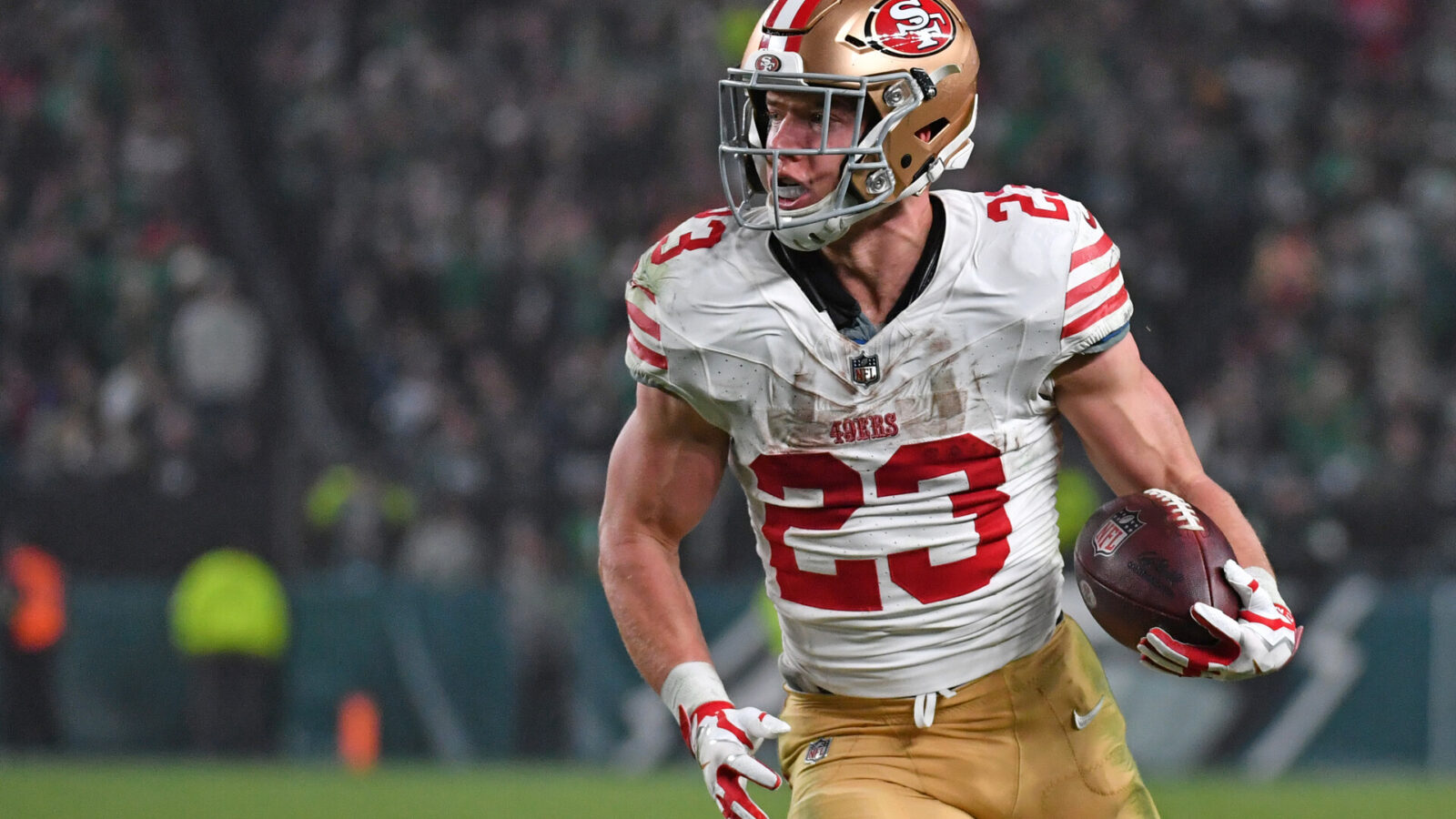 Dec 3, 2023; Philadelphia, Pennsylvania, USA; San Francisco 49ers running back Christian McCaffrey (23) makes a catch against the Philadelphia Eagles during the third quarter at Lincoln Financial Field.