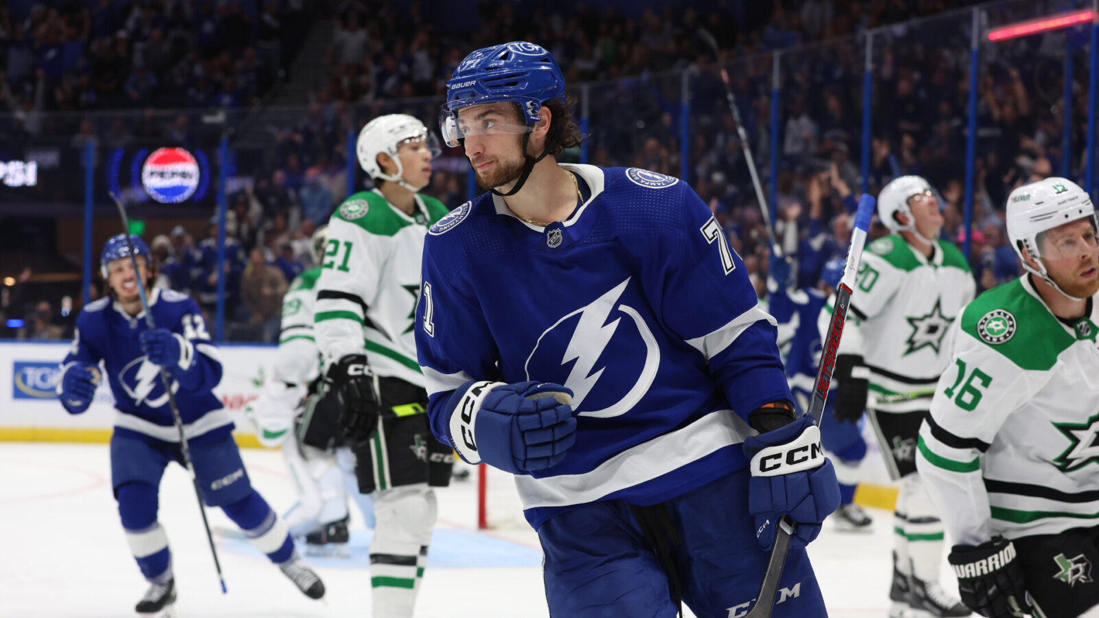 Dec 4, 2023; Tampa, Florida, USA; Tampa Bay Lightning center Anthony Cirelli (71) celebrates after he scored a goal against the Dallas Stars during the third period at Amalie Arena.