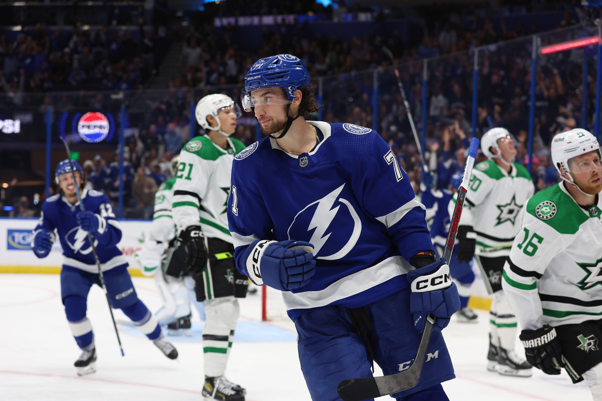 Dec 4, 2023; Tampa, Florida, USA; Tampa Bay Lightning center Anthony Cirelli (71) celebrates after he scored a goal against the Dallas Stars during the third period at Amalie Arena.