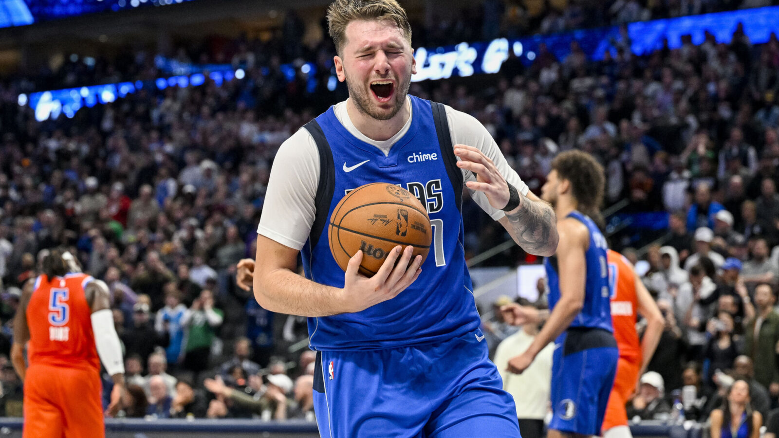 Dec 2, 2023; Dallas, Texas, USA; Dallas Mavericks guard Luka Doncic (77) reacts to a call during the game between the Dallas Mavericks and the Oklahoma City Thunder at the American Airlines Center.