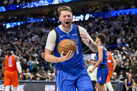 Dec 2, 2023; Dallas, Texas, USA; Dallas Mavericks guard Luka Doncic (77) reacts to a call during the game between the Dallas Mavericks and the Oklahoma City Thunder at the American Airlines Center.