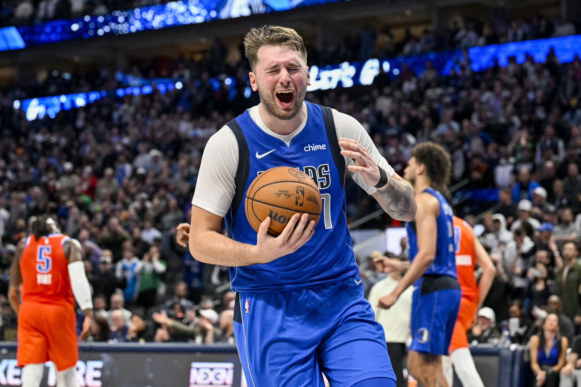 Dec 2, 2023; Dallas, Texas, USA; Dallas Mavericks guard Luka Doncic (77) reacts to a call during the game between the Dallas Mavericks and the Oklahoma City Thunder at the American Airlines Center.