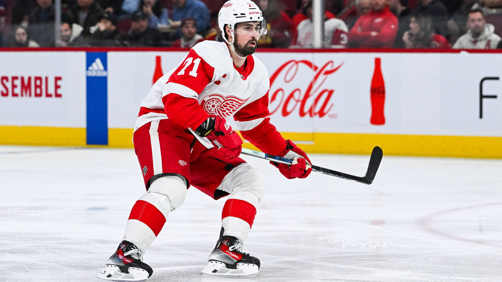 Dec 2, 2023; Montreal, Quebec, CAN; Detroit Red Wings center Dylan Larkin (71) against the Montreal Canadiens during the second period at Bell Centre.