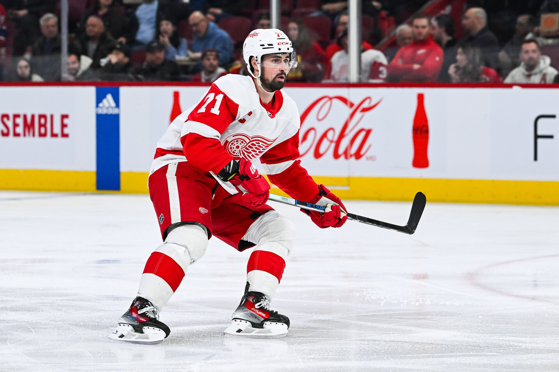 Dec 2, 2023; Montreal, Quebec, CAN; Detroit Red Wings center Dylan Larkin (71) against the Montreal Canadiens during the second period at Bell Centre.