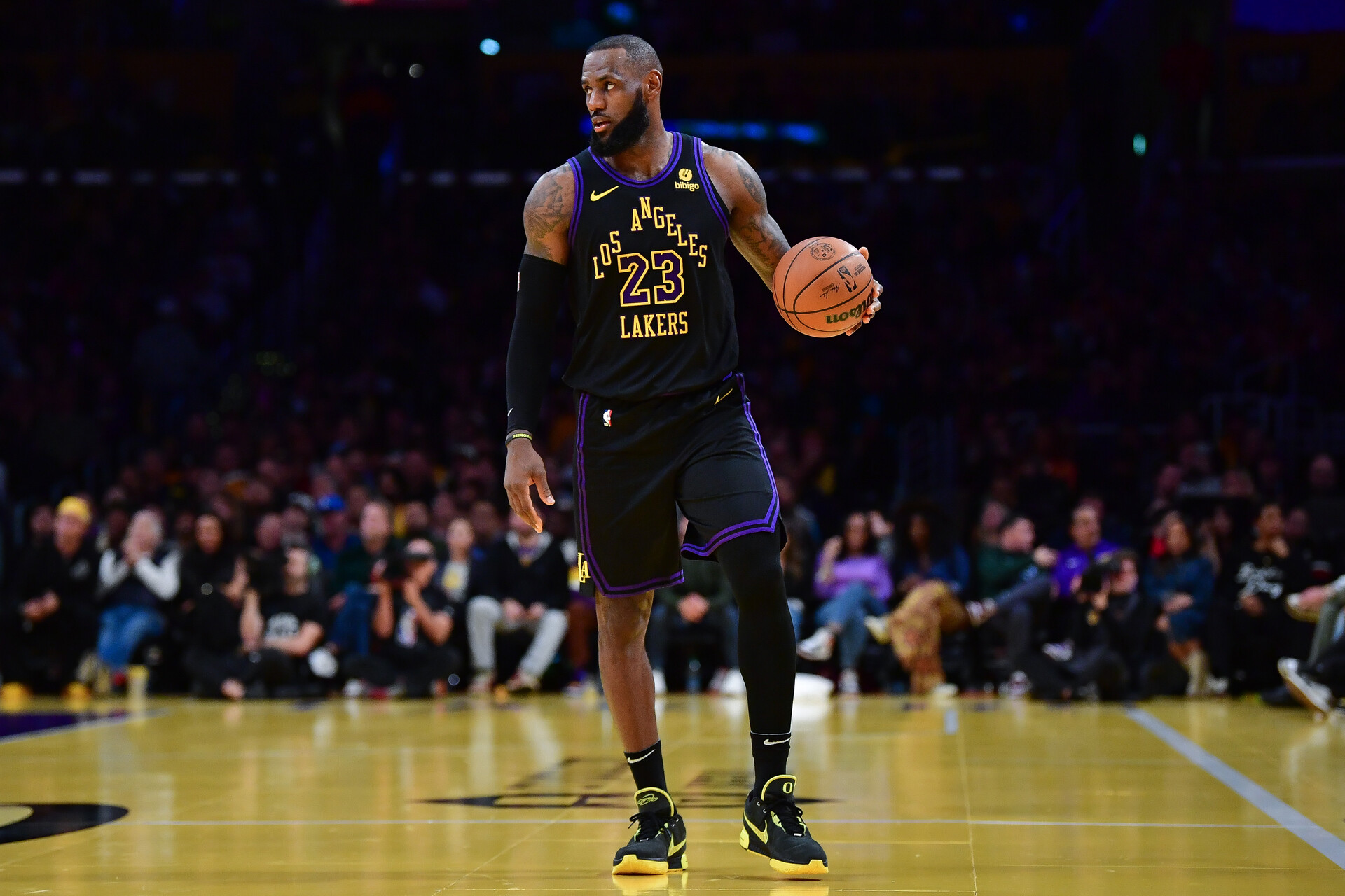 Dec 5, 2023; Los Angeles, California, USA; Los Angeles Lakers forward LeBron James (23) controls the ball against the Phoenix Suns during the first half of the In Season Tournament quarterfinal at Crypto.com Arena.