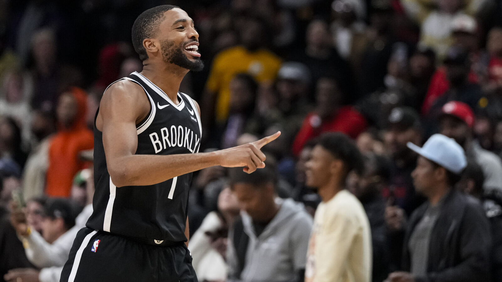 Dec 6, 2023; Atlanta, Georgia, USA; Brooklyn Nets forward Mikal Bridges (1) reacts after the Nets defeated the Atlanta Hawks at State Farm Arena.