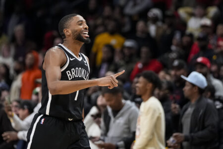 Dec 6, 2023; Atlanta, Georgia, USA; Brooklyn Nets forward Mikal Bridges (1) reacts after the Nets defeated the Atlanta Hawks at State Farm Arena.