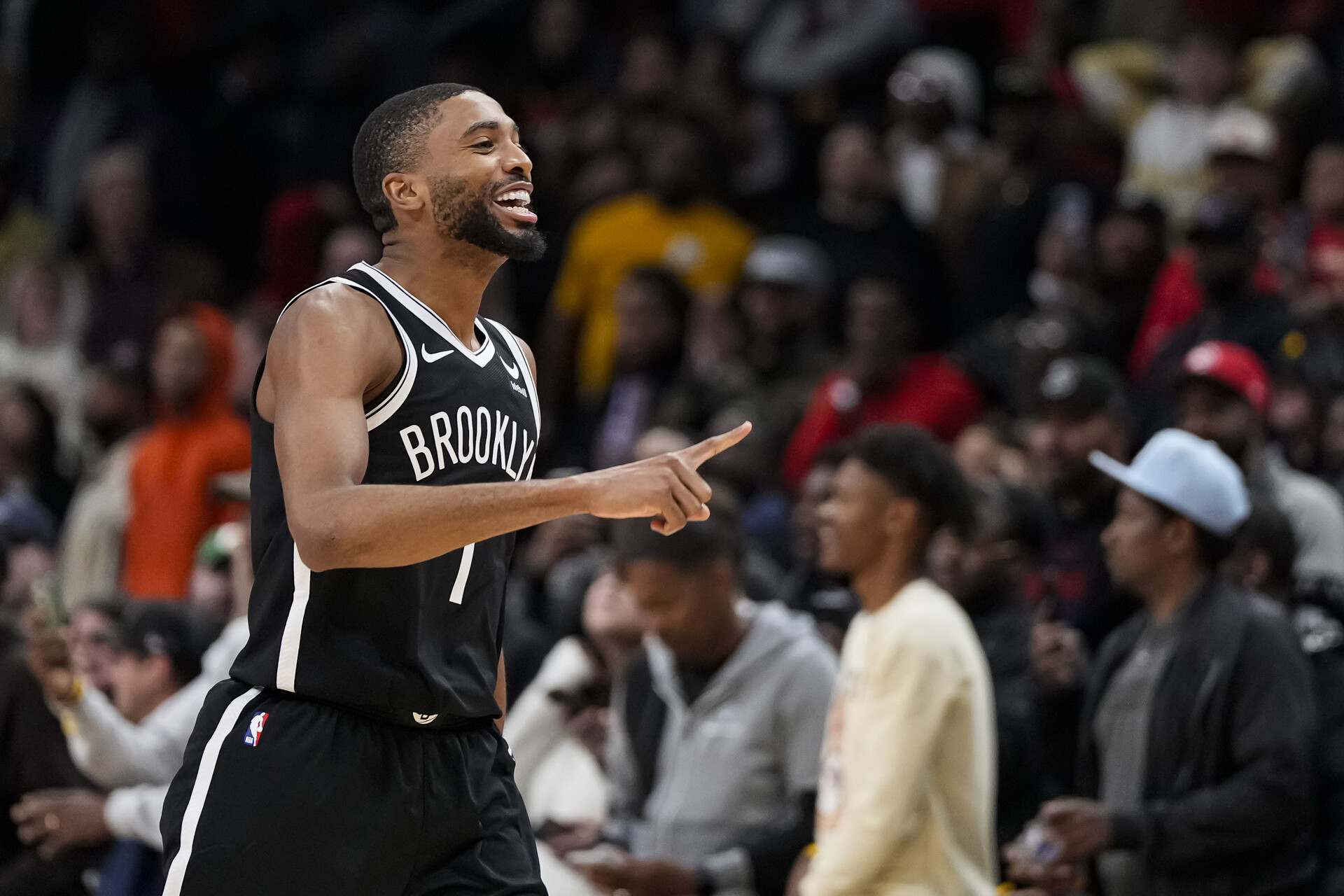 Dec 6, 2023; Atlanta, Georgia, USA; Brooklyn Nets forward Mikal Bridges (1) reacts after the Nets defeated the Atlanta Hawks at State Farm Arena.