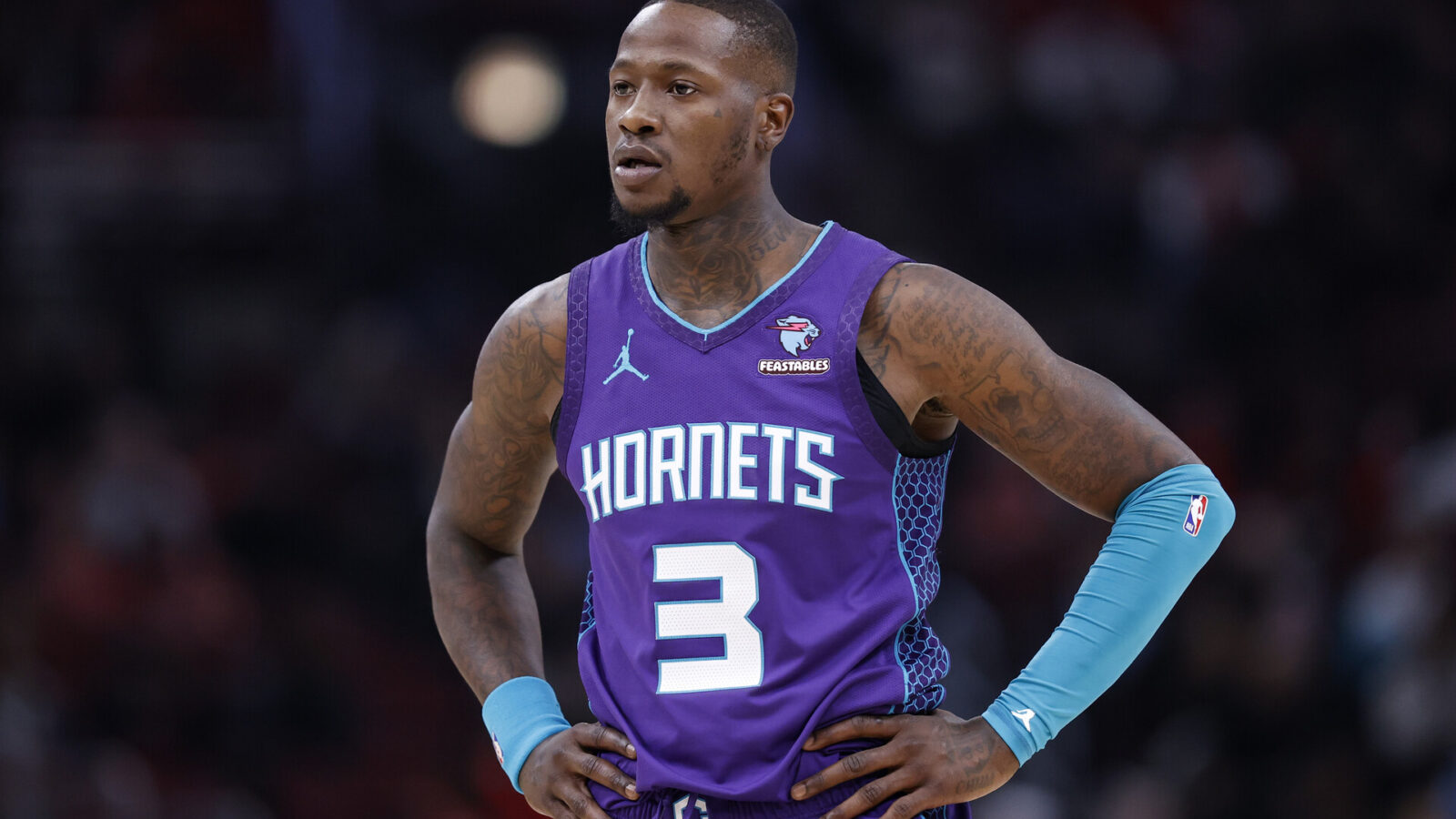 Charlotte Hornets guard Terry Rozier (3) looks on during the first half of a basketball game against the Chicago Bulls at United Center.
