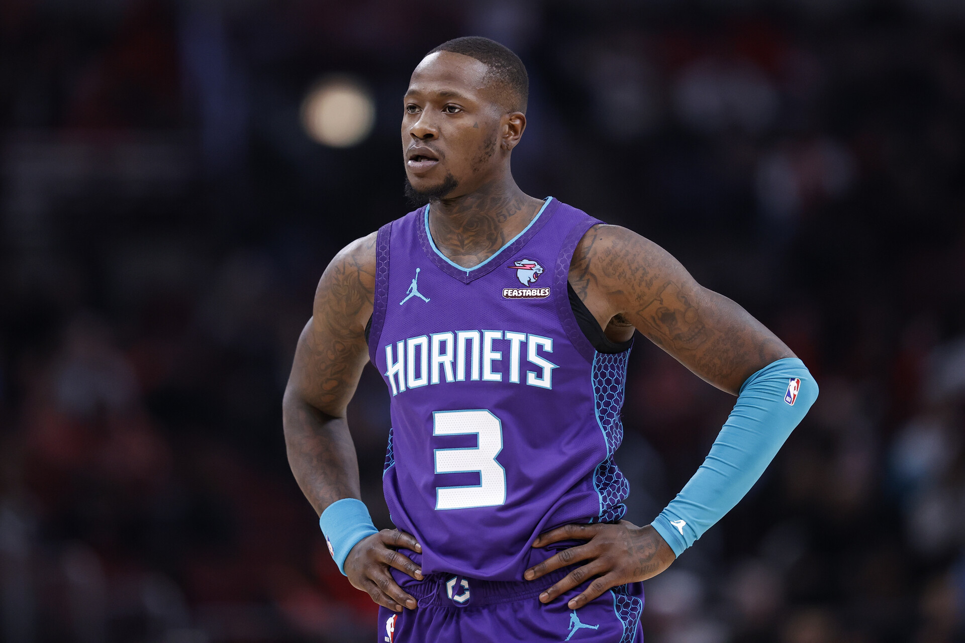 Charlotte Hornets guard Terry Rozier (3) looks on during the first half of a basketball game against the Chicago Bulls at United Center.