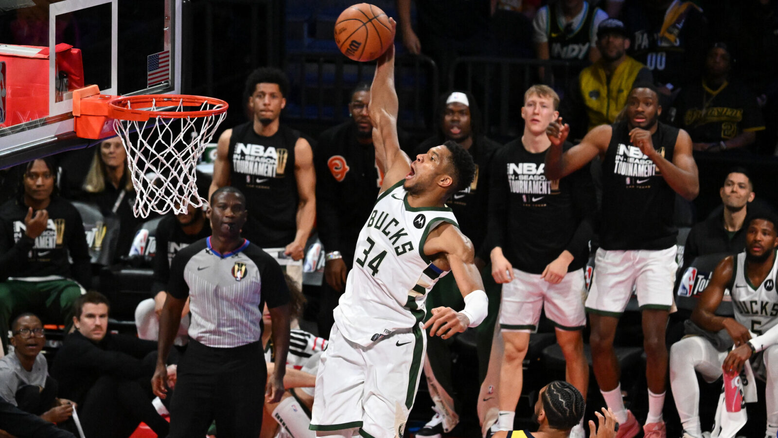 Dec 7, 2023; Las Vegas, Nevada, USA; Milwaukee Bucks forward Giannis Antetokounmpo (34) dunks the ball during the third quarter against the Indiana Pacers at T-Mobile Arena.