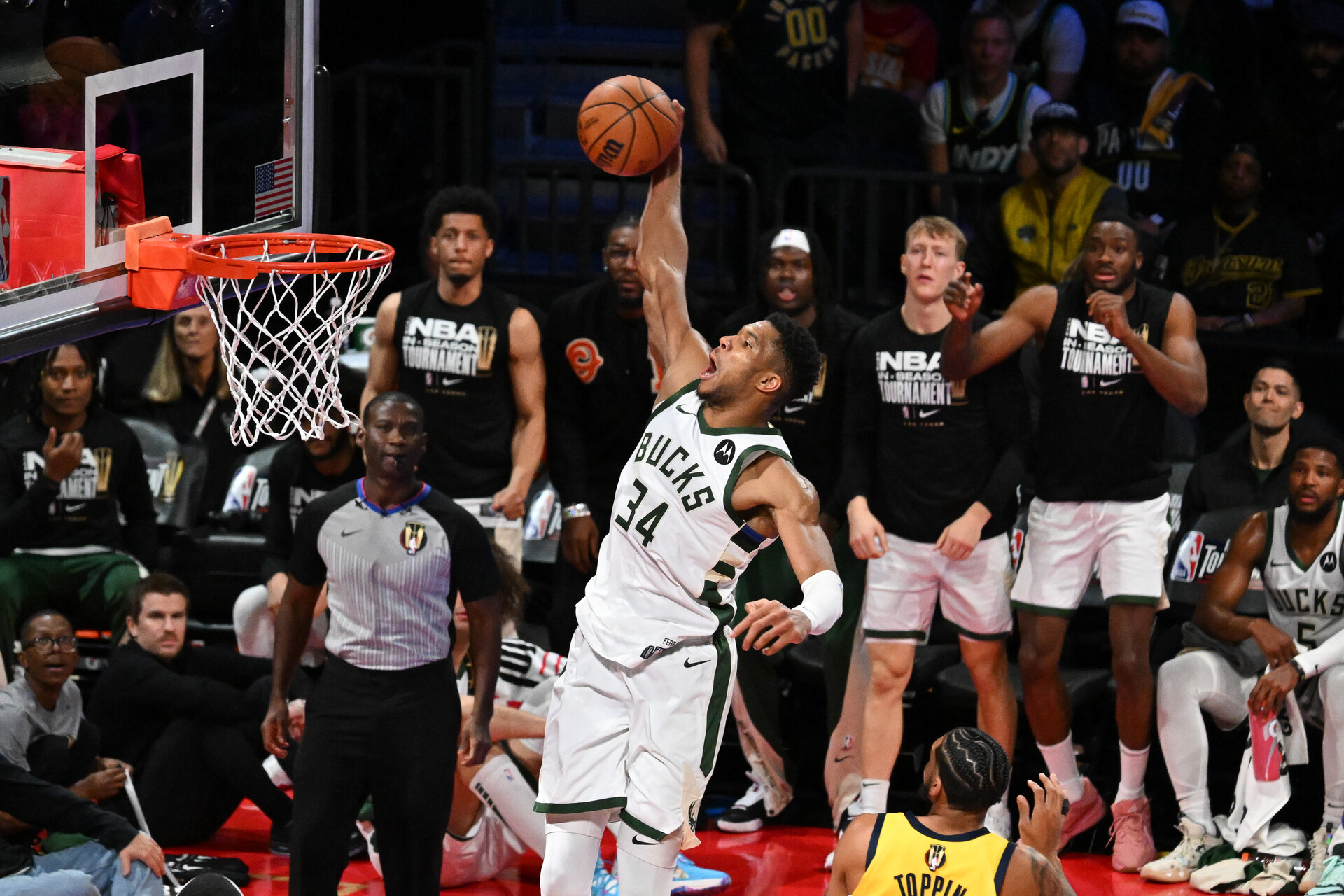 Dec 7, 2023; Las Vegas, Nevada, USA; Milwaukee Bucks forward Giannis Antetokounmpo (34) dunks the ball during the third quarter against the Indiana Pacers at T-Mobile Arena.
