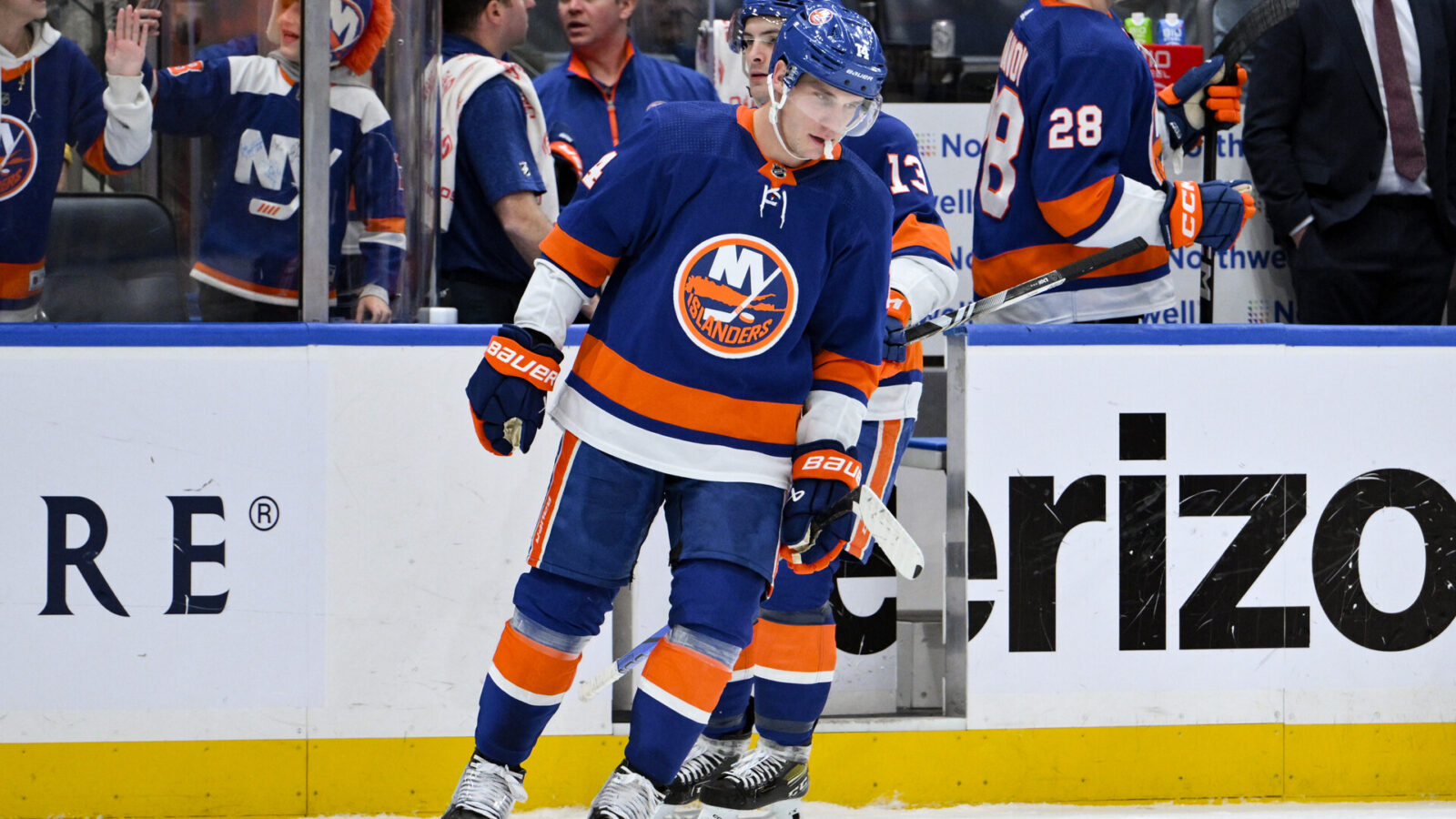 Dec 7, 2023; Elmont, New York, USA; New York Islanders center Bo Horvat (14) reacts after scoring a goal against the Columbus Blue Jackets during the third period at UBS Arena.