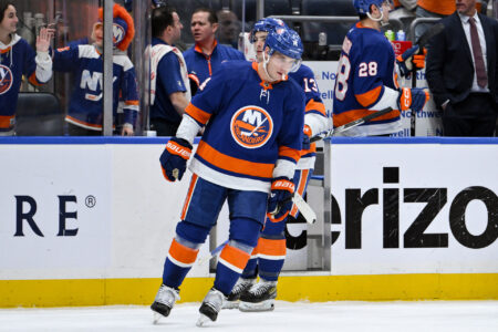 Dec 7, 2023; Elmont, New York, USA; New York Islanders center Bo Horvat (14) reacts after scoring a goal against the Columbus Blue Jackets during the third period at UBS Arena.