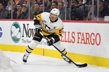 Dec 4, 2023; Philadelphia, Pennsylvania, USA; Pittsburgh Penguins center Sidney Crosby (87) against the Philadelphia Flyers at Wells Fargo Center.