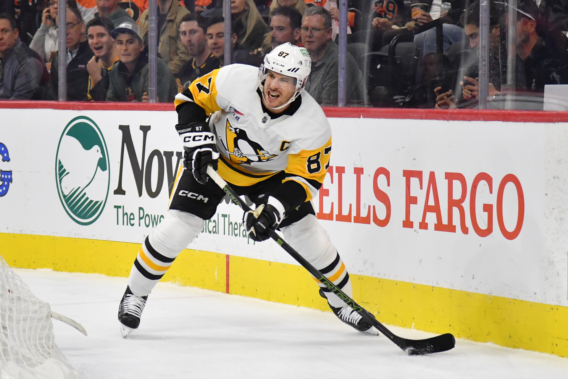 Dec 4, 2023; Philadelphia, Pennsylvania, USA; Pittsburgh Penguins center Sidney Crosby (87) against the Philadelphia Flyers at Wells Fargo Center.